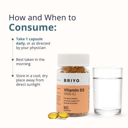 Briyo Vitamin D3 1000 IU-For Bone Health, Muscle Function And Immune Support Strength Immune System Softgel Better Energy For Healthy And Strong For Men/Women