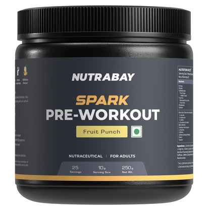 Nutrabay Gold Spark Pre Workout Supplement Powder 300mg Caffeine, 1000mg L-Arginine, 3000mg Beta Alanine, 2500mg Citrulline Malate per Serving â€“ Muscle Pump & Performance â€“ 250g, Fruit Punch