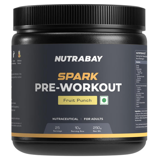 Nutrabay Gold Spark Pre Workout Supplement Powder 300mg Caffeine, 1000mg L-Arginine, 3000mg Beta Alanine, 2500mg Citrulline Malate per Serving â€“ Muscle Pump & Performance â€“ 250g, Fruit Punch