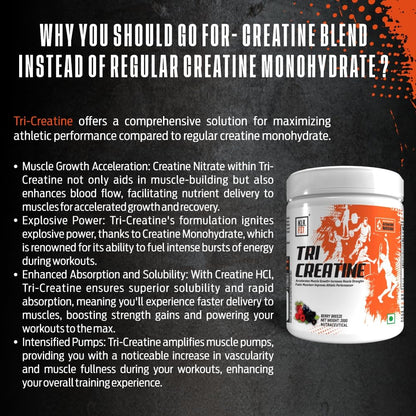Tri Creatine Powder I Muscle Growth Supplement I 200 Gm I 40 Servings I Boosts Athletic Performance I Fiery Mango Flavour