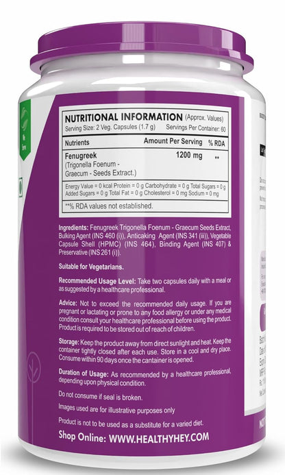 HealthyHey Nutrition Fenugreek Seed Extract Supplement Veg-Capsule, 120 Count (Pack of 1)