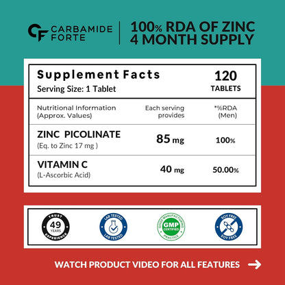 Carbamide Forte Zinc Picolinate with Vitamin C | Zinc Supplements for Men with 100% RDA Zinc | Immunity & Cellular Health Support â€“ 120 Tablets