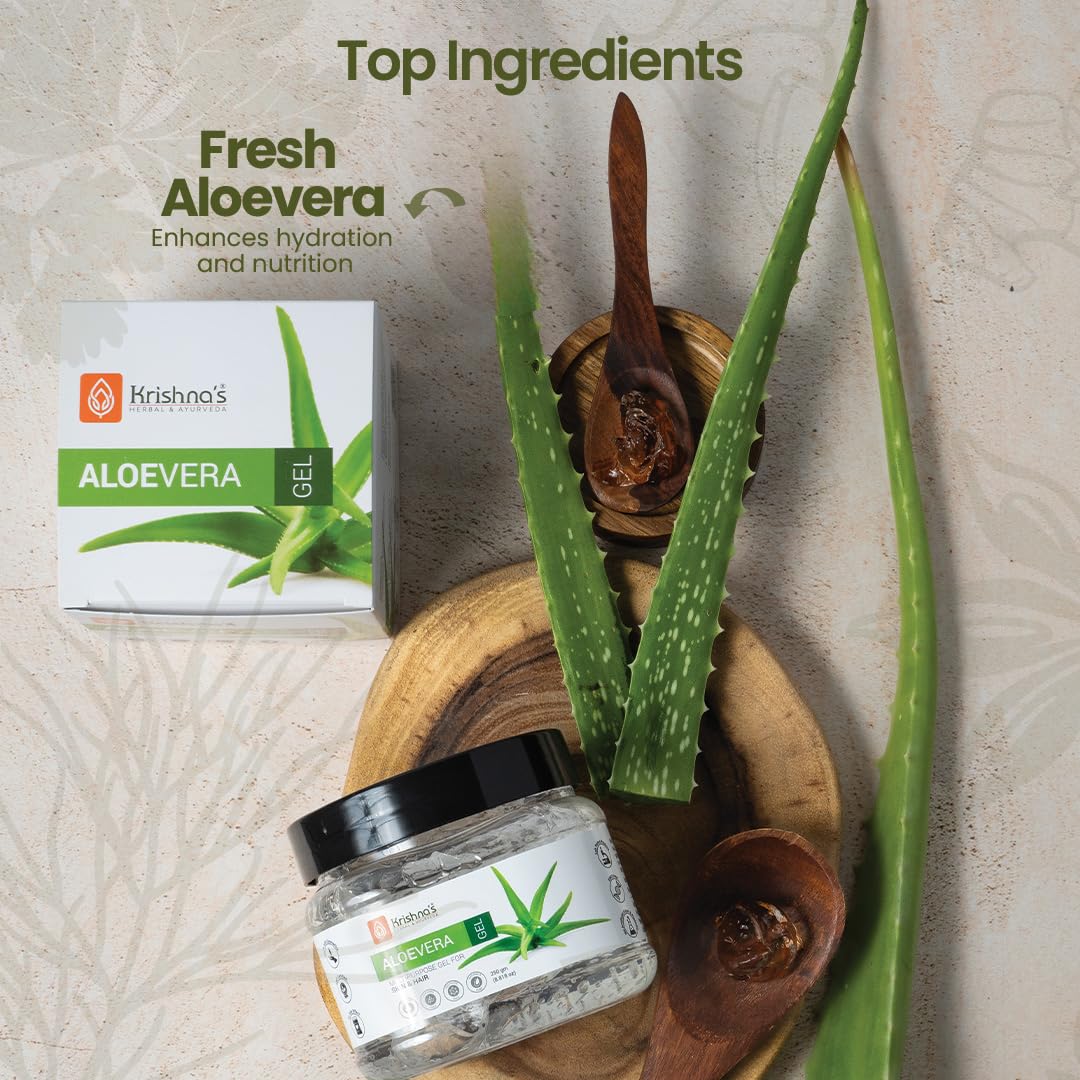 KRISHNA'S HERBAL & AYURVEDA Aloe Vera Gel - 250 G, Pure White Non-Sticky Transparent 3 In 1 Aloe Fresh Soothing Gel For Skin, Body & Hair, Vitamin E Natural Emollients, Dark Spots And Acne
