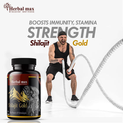 Herbal Max Himalayan Shilajit Gold â€“ 800mg | 30 Capsules | With Ashwagandha, Safed Musli & More | Boosts Strength, Stamina, Energy & Immunity | Ayurvedic Supplement for Men