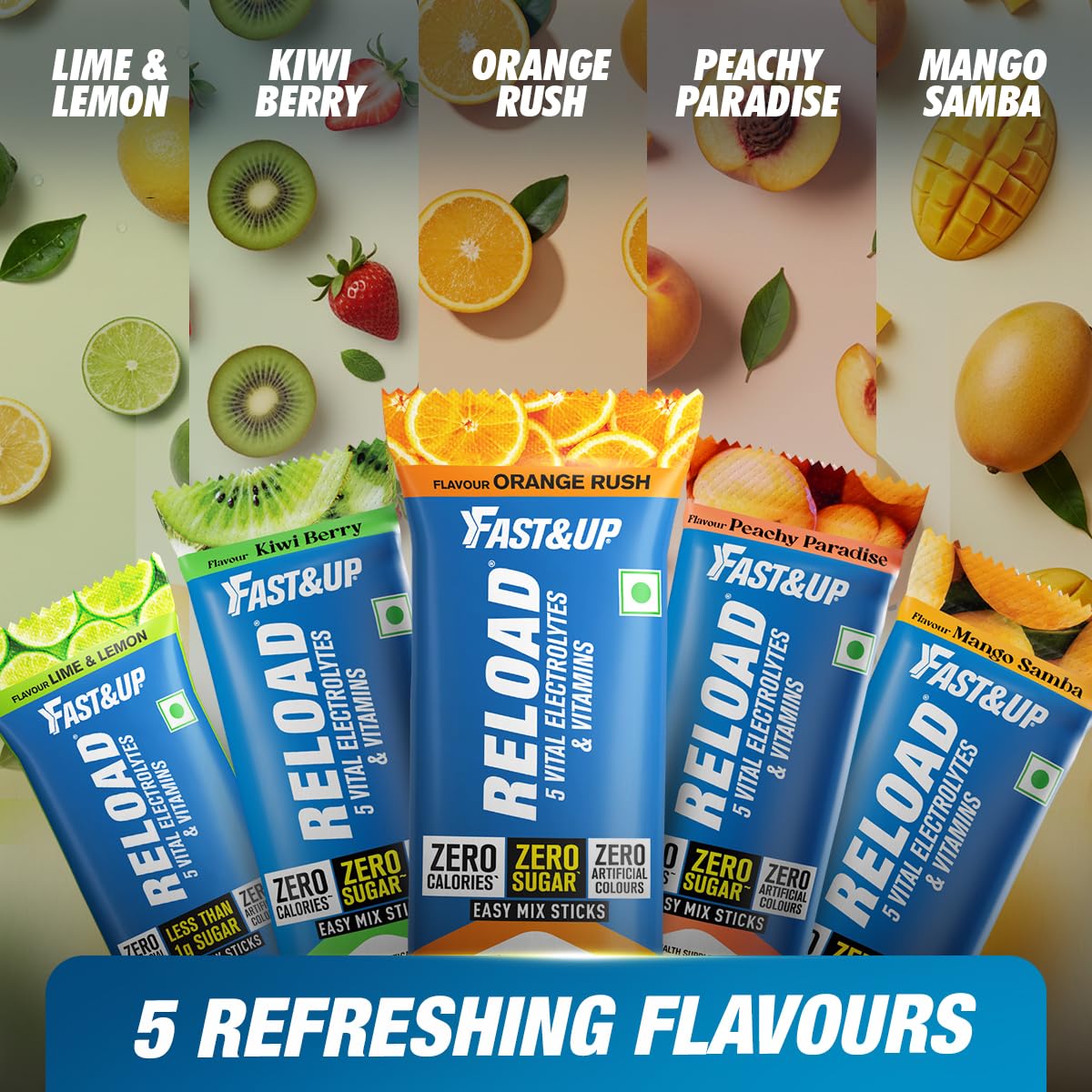 Fast&Up Reload Electrolytes Powder Sachets | Zero Added Sugar Hydration Drink with 5 Essential Electrolytes Vitamin C & B12 | Summer Heat, Workout Recovery, Travel & Wellness | Assorted Pack of 20 Sachets