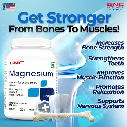 GNC Magnesium 370mg | 120 Capsules | Strengthens Bones & Teeth | Promotes Calcium Absorption | Relieves Stress Symptoms | Supports Cell Functions | Formulated in USA | 370mg Per Serving