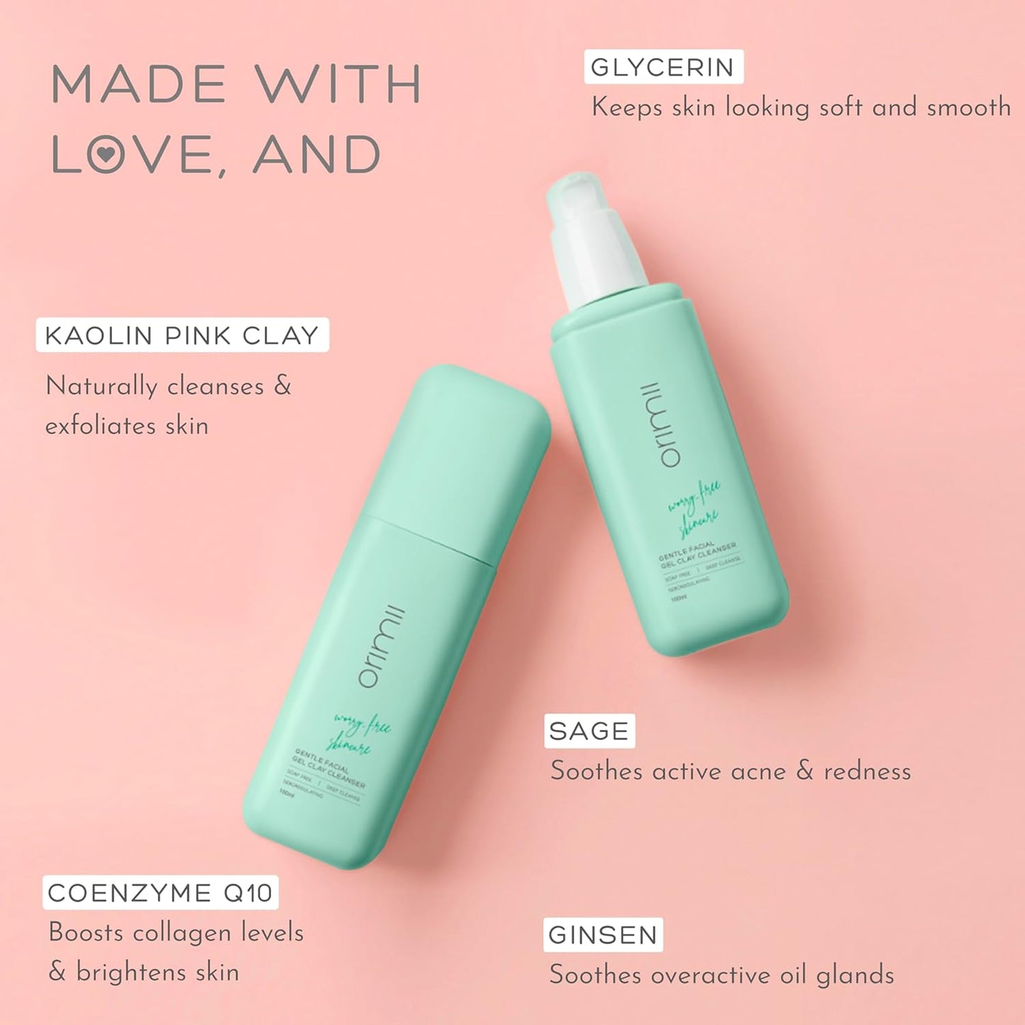 Orimii Gentle Facial Cleanser For Oily Skin | Deep Cleansing Face Wash With Pink Kaolin Clay that Controls Sweat & Acne| Soap Free, Non Comedogenic & Sulphate Free 100ml