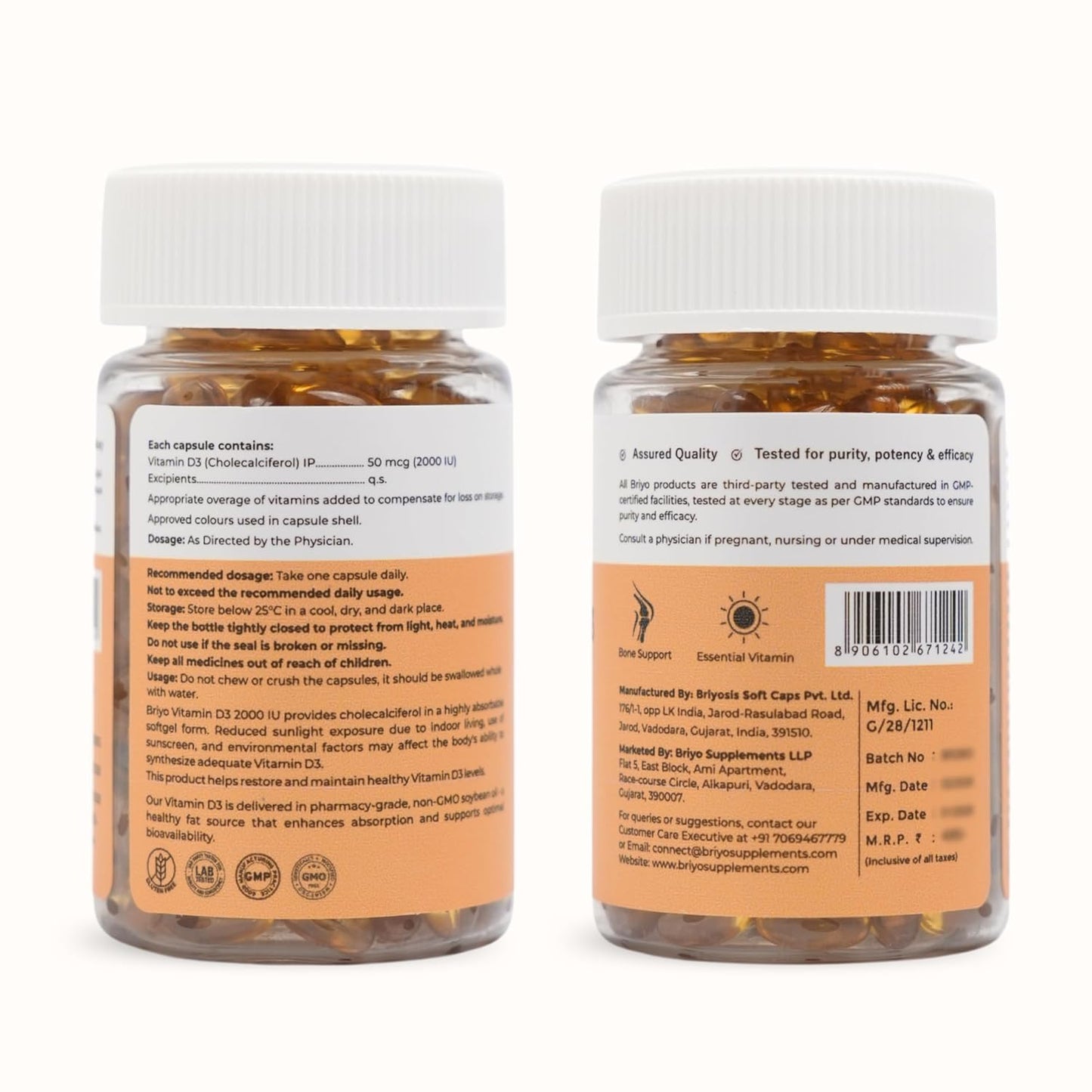 Briyo Vitamin D3 2000 IU - 90 Softgels - For Bone Health, Muscle Function and Immune Support Healthy Bone Function Strong Muscles Boost Immune System for Men/Women