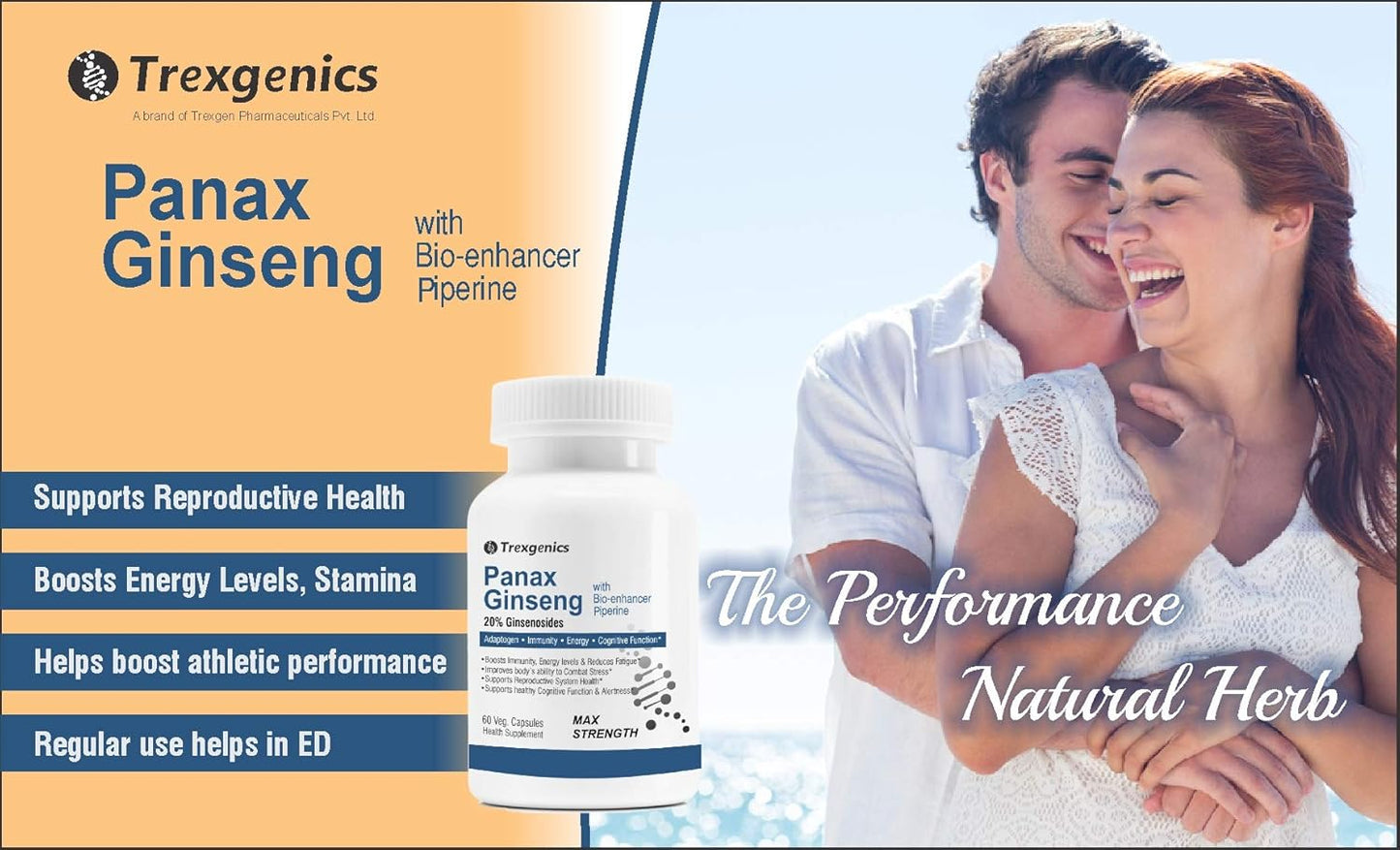 TrexgenicsÂ® PANAX (Red/Korean) GINSENG 20% Ginesenosides 500mg Premium with Bio-enhancer Piperine 5mg Adaptogen, Immunity, Energy, Cognitive Function(60 Veg capsules)