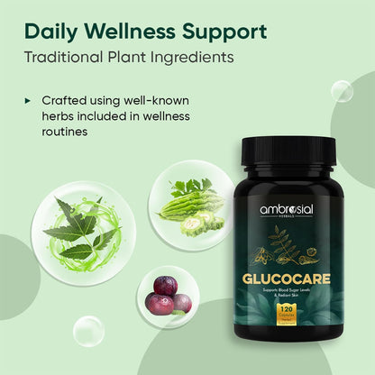 Ambrosial Glucocare | Bitter Melon | Neem | Black Plum (Jamun) | Helps in Balancing Blood Sugar | 100% Natural Ingredients (Pack of 1-120 Capsules)