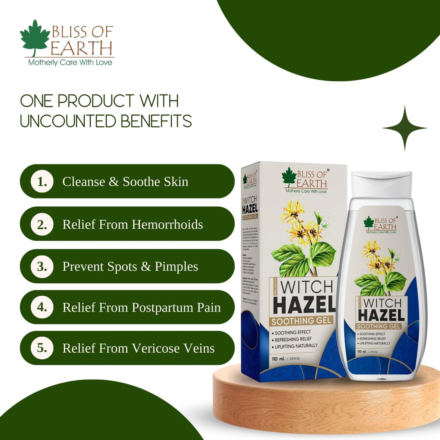 Bliss of Earth Witch Hazel Gel for Hemorrhoids, Diaper Rashes, Postpartum Soothing Relief from Swelling and Discomfort, 110ml