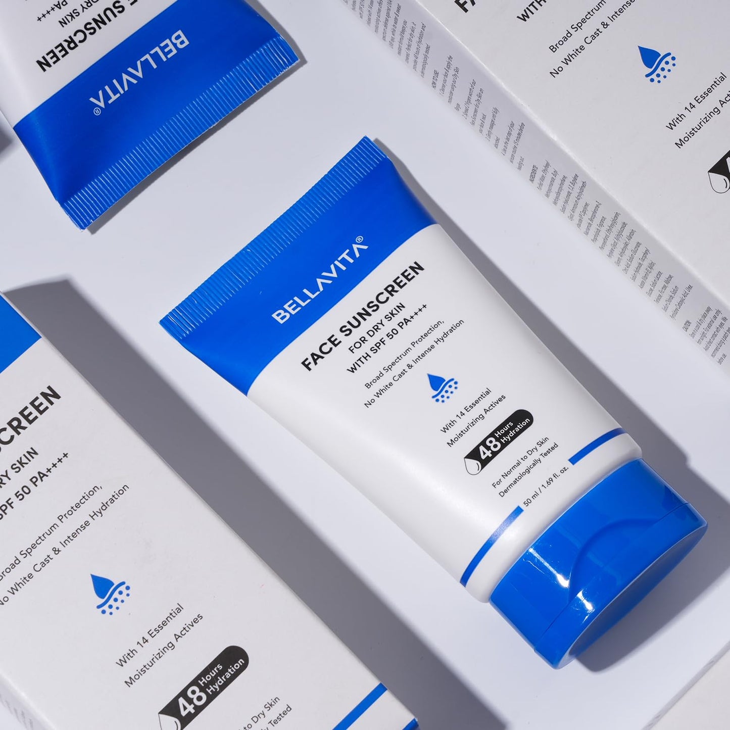 BELLAVITA Sunscreen SPF 50 For Dry Skin|SPF 50 PA++++|Broad Spectrum Protection | No White Cast | Water & Sweat Resistant|Dermatologically Tested|Hydrating Sunscreen|48hrs Hydration | For Men & Women | 50ml