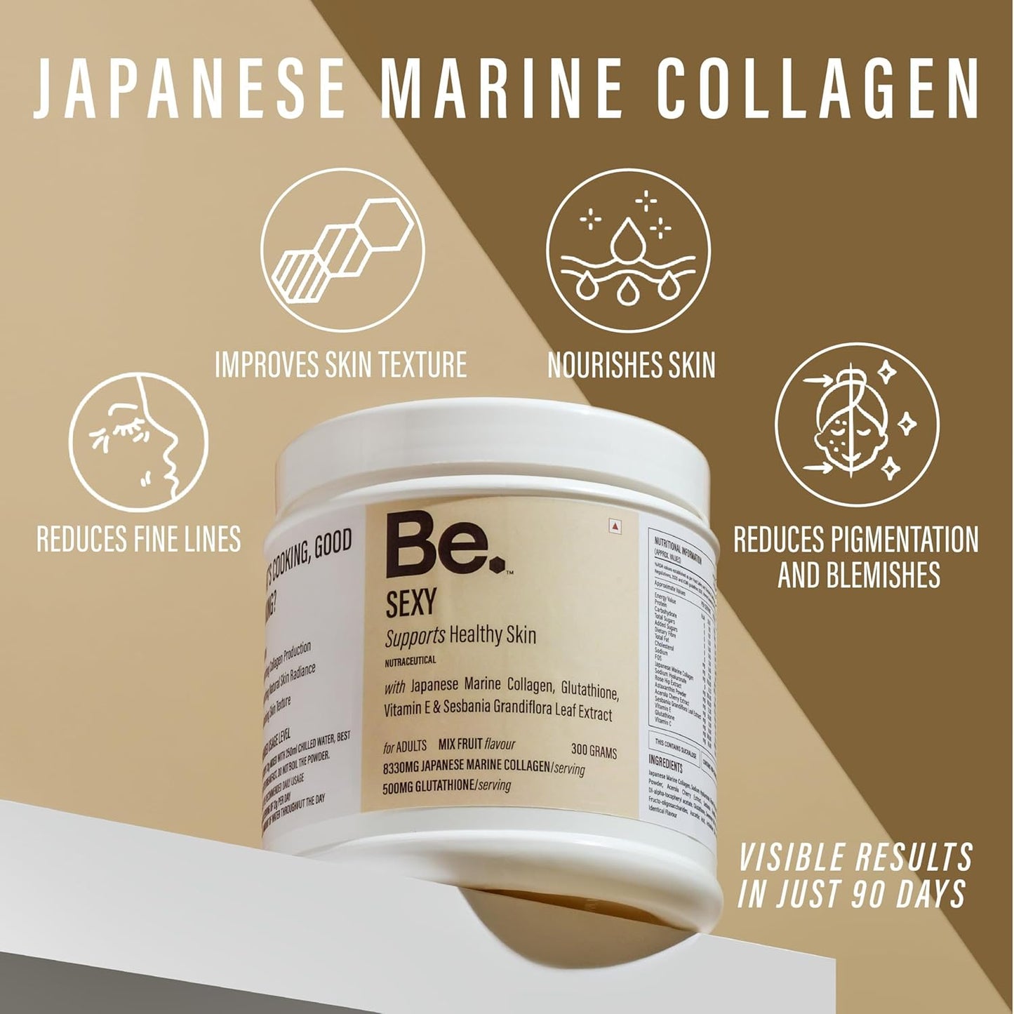 Be. Japanese Marine Collagen Powder for Women & Men | Type I & III Collagen Peptides with Glutathione, Vitamin C, Hyaluronic Acid & Astaxanthin | Mix-Fruit Flavour for Skin, Hair, Nails & Joints | 300 g