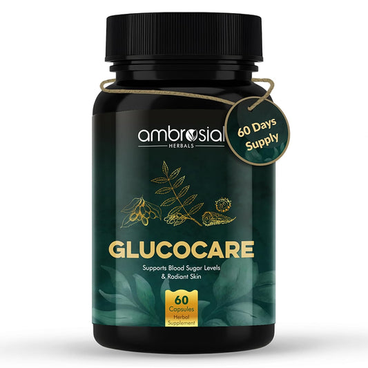 Ambrosial Glucocare Blood Sugar Control Tablets | Premium Herbal Formulation with Karela Jamun & Neem for Diabetes Care | Supports Healthy Blood Glucose Levels (Pack of 1-60 Capsules)