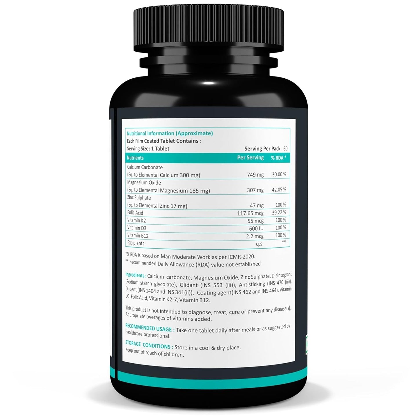 Calcium Magnesium Zinc Vitamin D3 Vitamin B12 & Vitamin K2 â€“ 60 Vegetarian Tablets for Bone Health, Joint Support, and Immunity Support for Women & Men