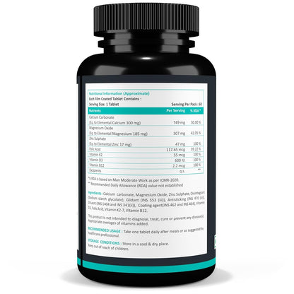 Calcium Magnesium Zinc Vitamin D3 Vitamin B12 & Vitamin K2 â€“ 60 Vegetarian Tablets for Bone Health, Joint Support, and Immunity Support for Women & Men