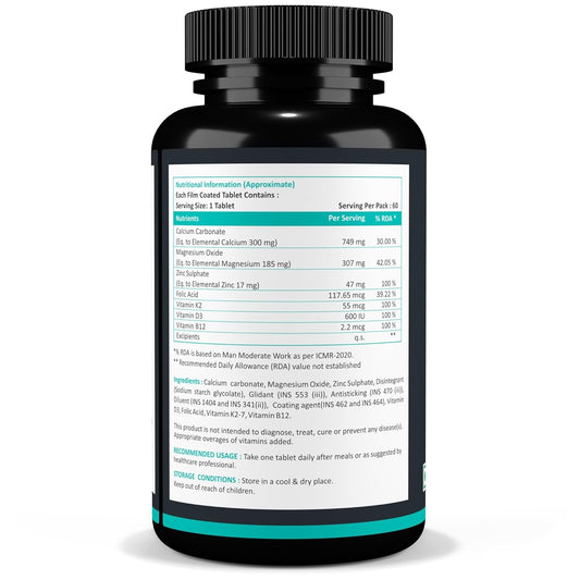 Calcium Magnesium Zinc Vitamin D3 Vitamin B12 & Vitamin K2 â€“ 60 Vegetarian Tablets for Bone Health, Joint Support, and Immunity Support for Women & Men