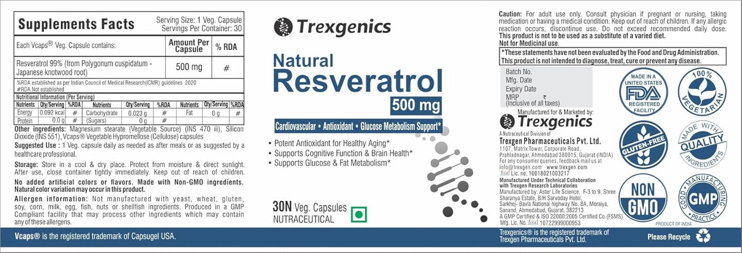 Trexgenics Natural RESVERATROL 500 mg Cardiovascular Health, Antioxidant & Glucose Metabolism VEGAN & NON-GMO (30 Veg. Capsules) (Pack of 1)