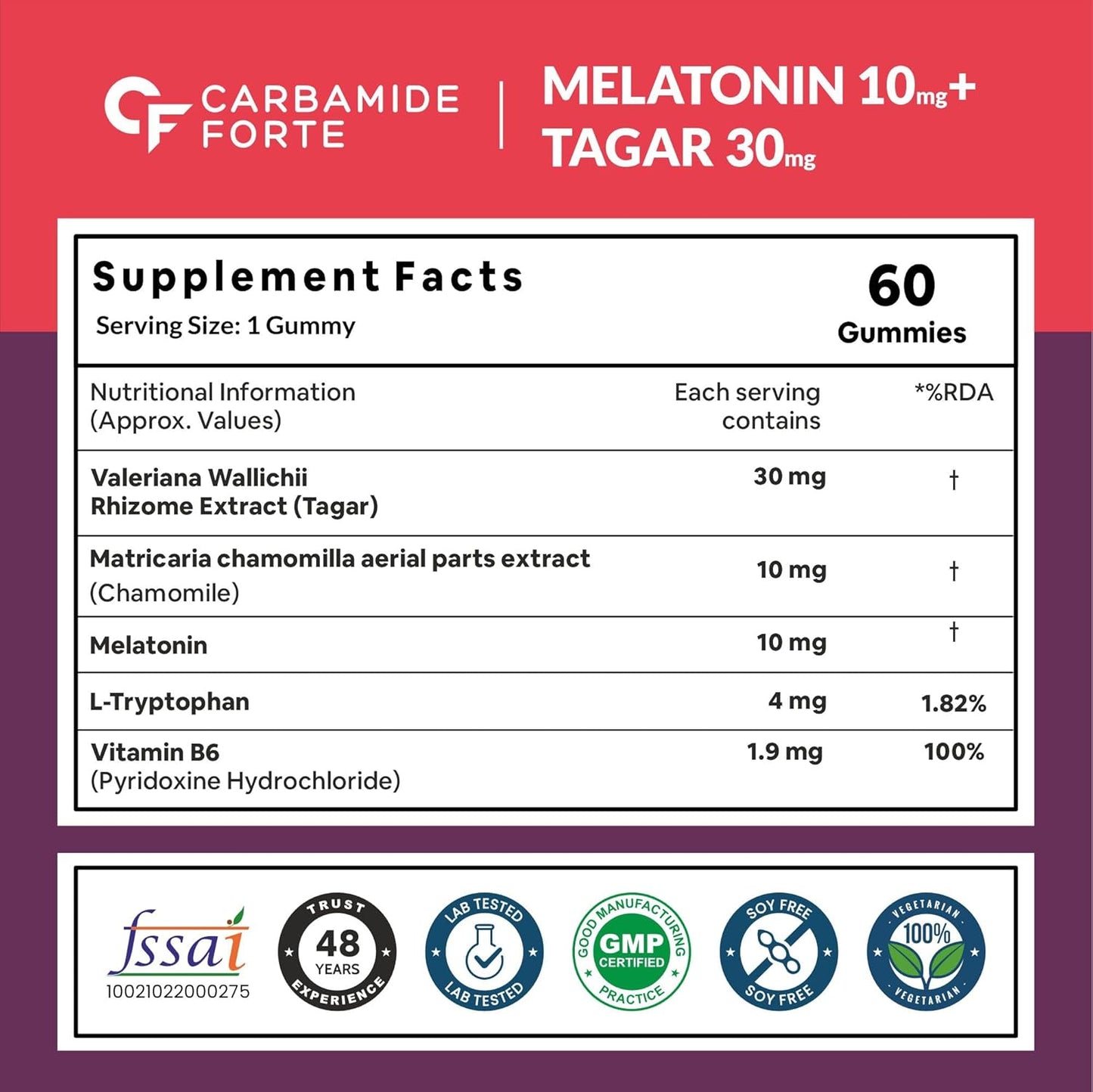 Carbamide Forte Melatonin 10 mg sleep Gummies - with TAGARA, L Tryptophan & Vitamin B6 | Sleep Supplements â€“ 60 Veg Gummies