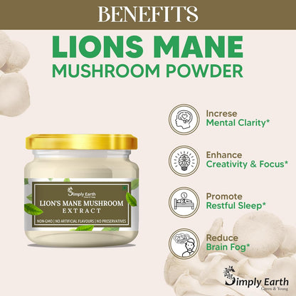 Simply Earth Lion's Mane Mushroom Extract Powder 10:1, (20% Polysaccharides) Improves Memory, Focus and Clarity | 50gmâ€¦