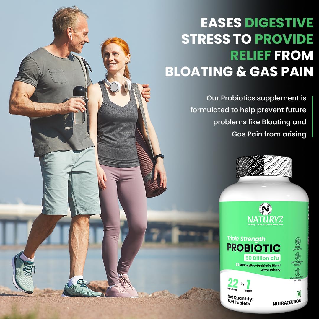 NATURYZ Triple Strength Probiotic 50 Billion CFU with Prebiotic 600 mg Chicory Root | 22 Nutrients for Gut Health | Supports Digestion, Constipation, Diarrhea, Gas & Bloating | No Refrigeration | 50 Tablets