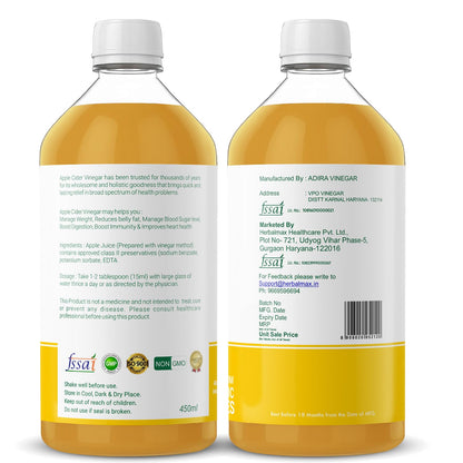 Herbal Max Unfiltered Apple Cider Vinegar with the Mother – 450mL | Raw & Unpasteurized | Supports Weight Management, Digestion & Bloating Relief