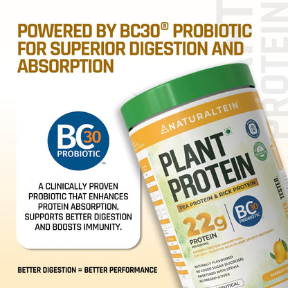 NATURALTEIN Plant Protein â€“ 22g Clean Protein with BC30 Probiotic | Trusted Natural Blend for Strength, Energy & Gut Health | Delicious Natural Mango flavour | No Sugar, Just Pure Wellness