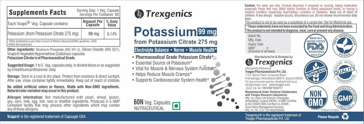 Trexgenics POTASSIUM CITRATE (K 99) 275 mg Electrolyte Balance, Nerve & Muscle Health VEGAN & NON-GMO (60 Vcaps) (Pack of 1)