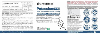 Trexgenics POTASSIUM CITRATE (K 99) 275 mg Electrolyte Balance, Nerve & Muscle Health VEGAN & NON-GMO (60 Vcaps) (Pack of 1)