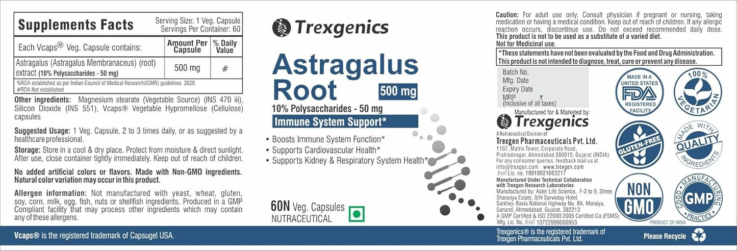 Trexgenics ASTRAGALUS 10% Polysaccharides 500 mg Immunity VEGAN & NON-GMO (60 Veg. Capsules) (Pack of 1)