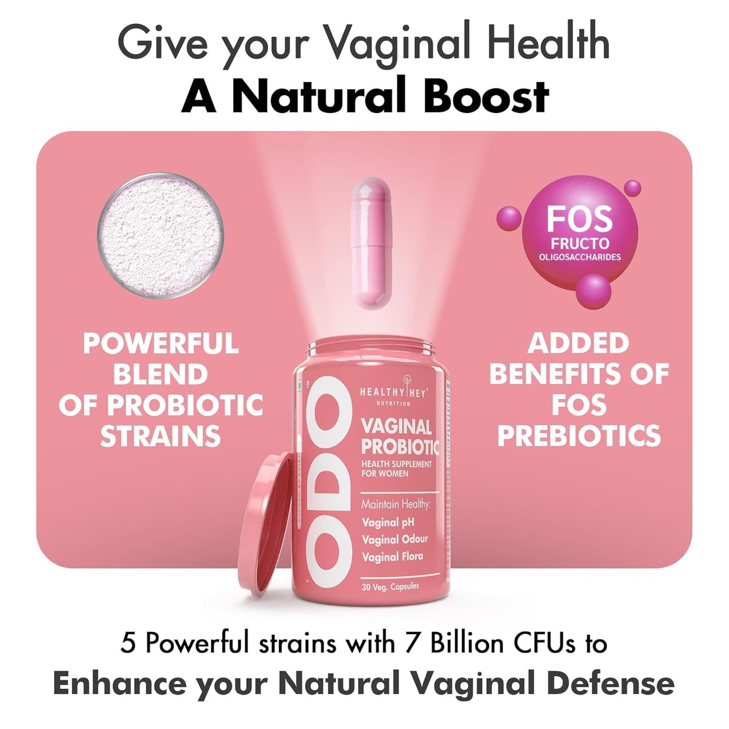HealthyHey Nutrition ODO Vaginal Probiotics for Women pH Balance with Prebiotics & Lactobacillus Probiotic Blend - Vaginal Health Supplement - PromoteVaginal Odor & Vaginal Flora - 30 Veg Capsules