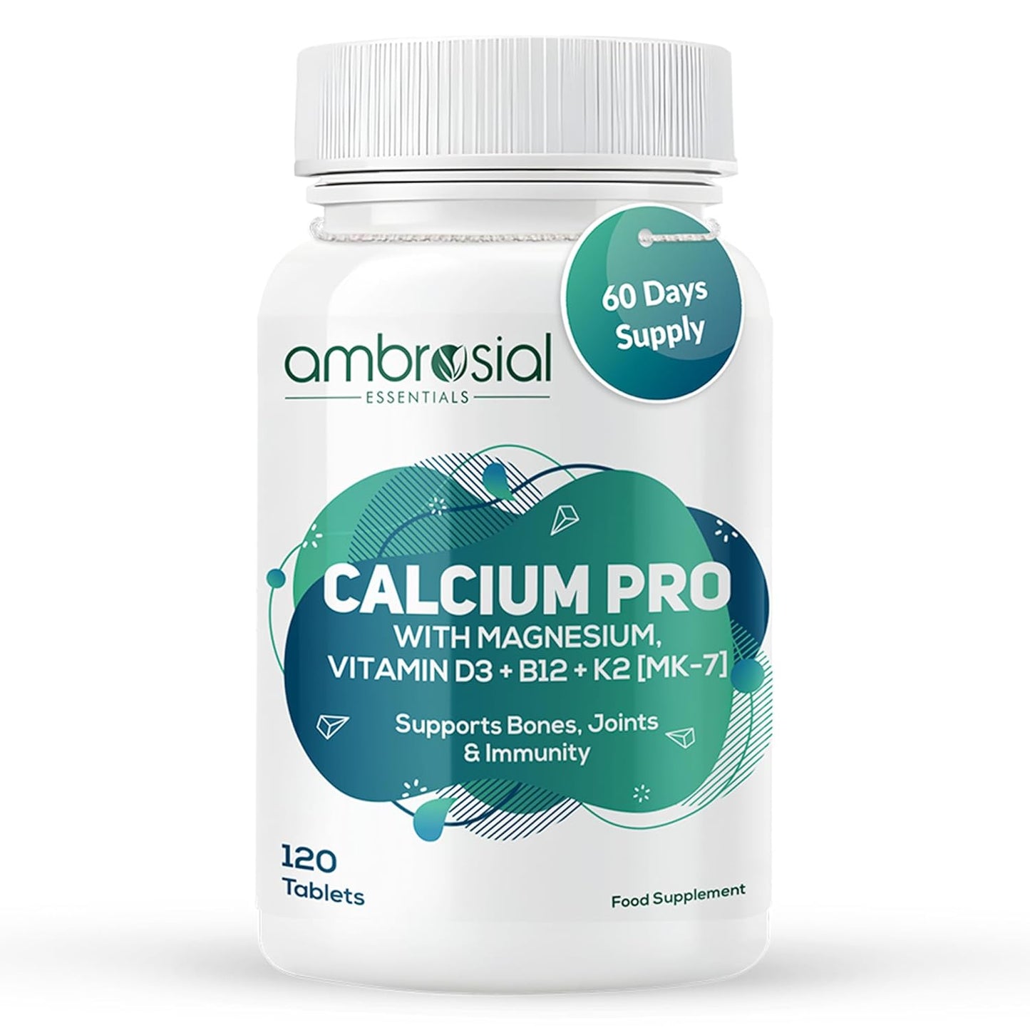 Ambrosial Calcium Pro & Vitamin D3 Tablets with Magnesium, Zinc, Vitamin K2 MK-7 & B12 | Calcium Citrate Malate Supplement With Alfalfa & Moringa Extracts for Men & Women | 120 Vegetarian Tablets
