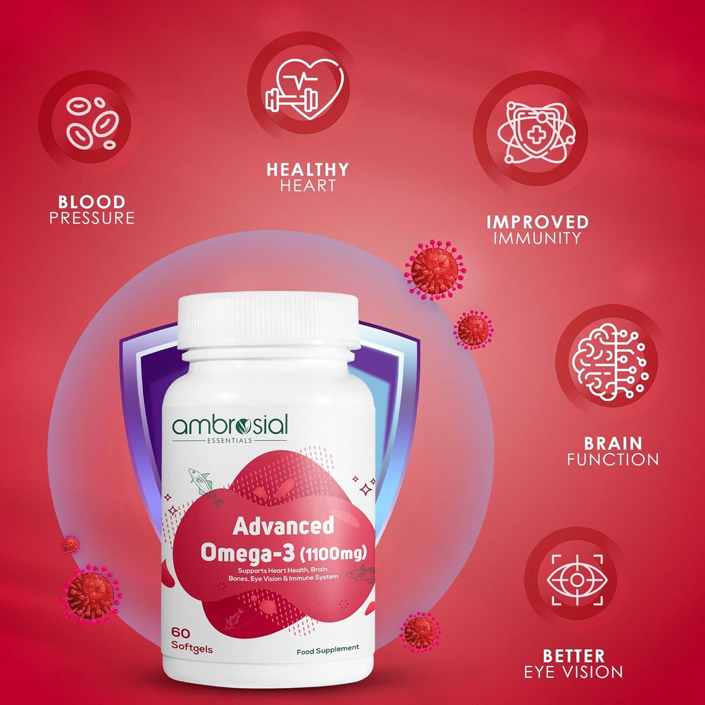 Ambrosial Advanced Omega 3 fish oil | High Strength fish oil capsules 1100mg with 360mg EPA & 240mg DHA 60 Softgels