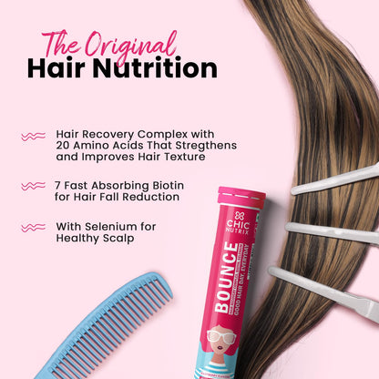 CHICNUTRIX Bounce|20 Raspberry Flavoured Effervescent Tablet|Biotin With Selenium & Amino Acids-Hair Fall & Hair Growth Management Thick Hair - Frizz-Free Hair- Hair Fall Control Supplement,100 grams