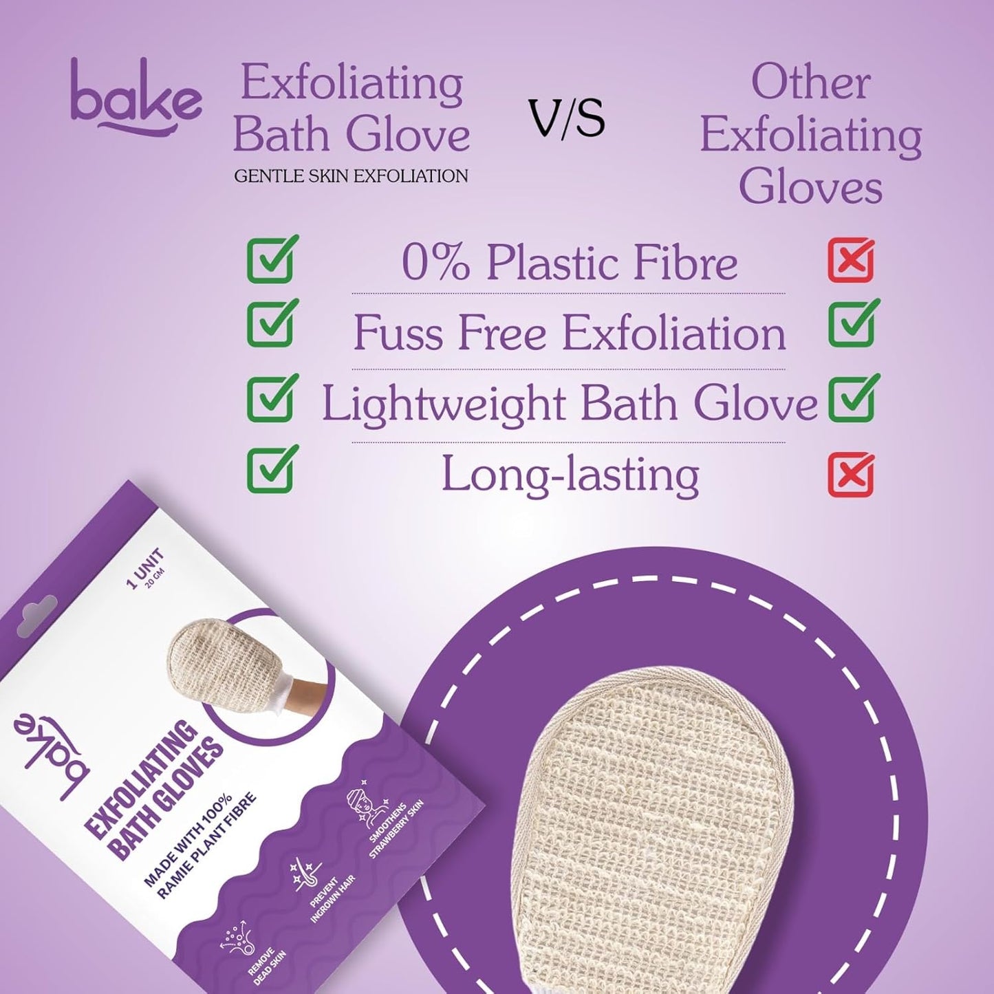 BAKE Exfoliating Bath Glove for Dead Skin, Tan Removal, Strawberry Skin, Body Acne & Ingrown Hair | 100% Ramie Plant Fibre, Body Exfoliator for Dry Patches | For Men & Women | 1 Glove (20g)