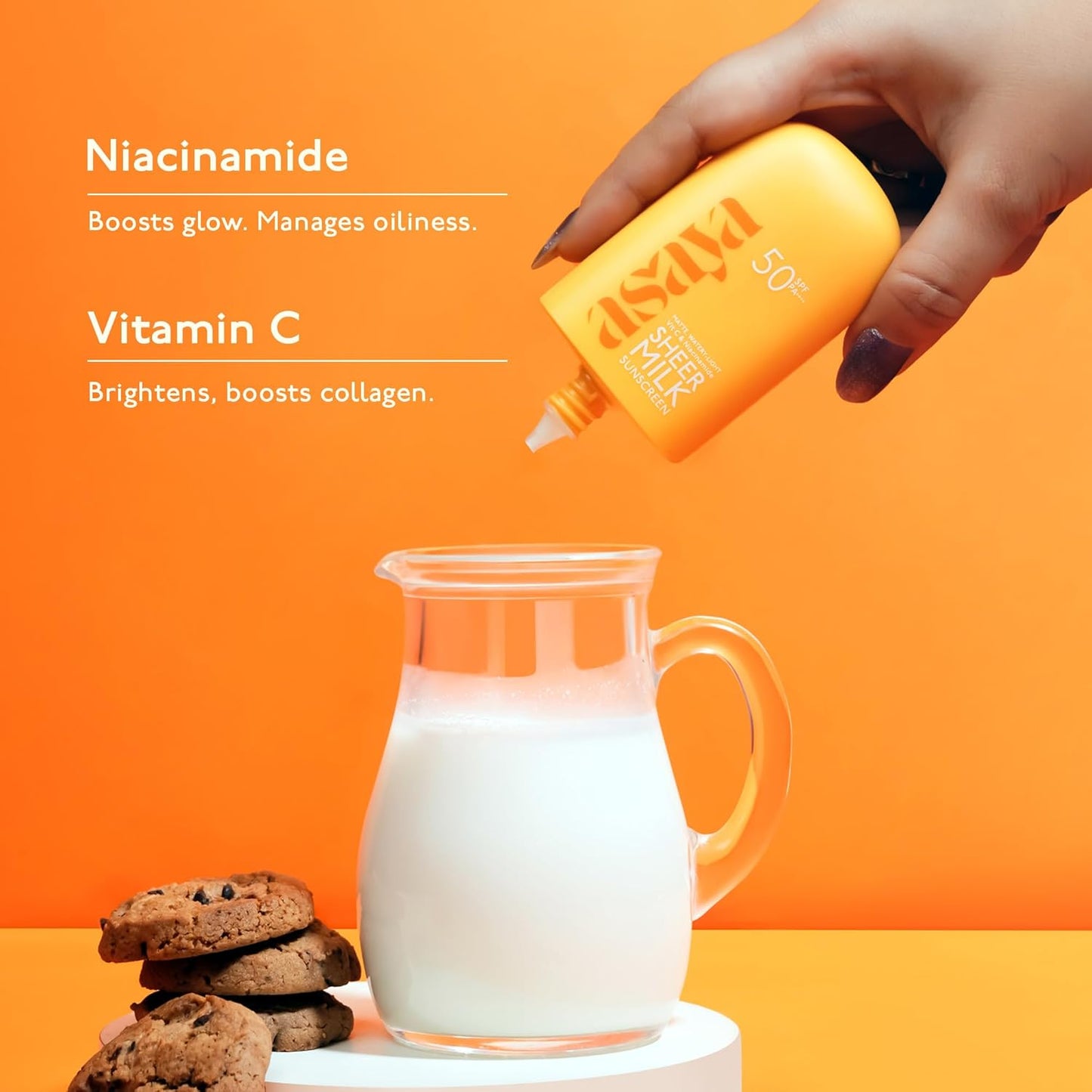 Asaya Sheer Milk Sunscreen SPF 50 PA++++ UVA + UVB | Lightweight Water-Based Fluid Sunscreen with Vitamin C & Niacinamide | Matte & Quick Absorbing | For Acne-Prone, Oily & Combination Skin | 50 ml