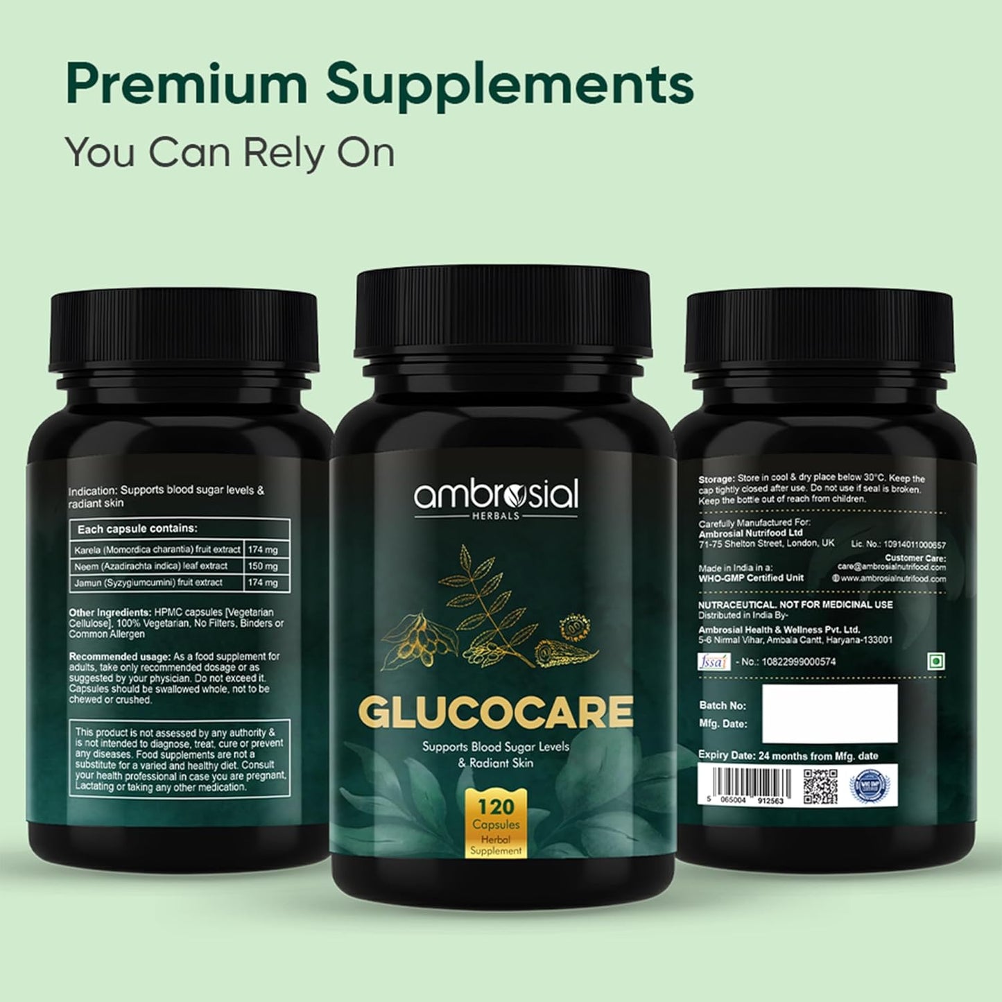 Ambrosial Glucocare | Bitter Melon | Neem | Black Plum (Jamun) | Helps in Balancing Blood Sugar | 100% Natural Ingredients (Pack of 1-120 Capsules)