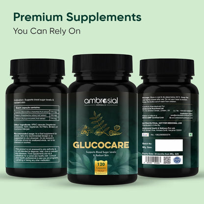 Ambrosial Glucocare | Bitter Melon | Neem | Black Plum (Jamun) | Helps in Balancing Blood Sugar | 100% Natural Ingredients (Pack of 1-120 Capsules)