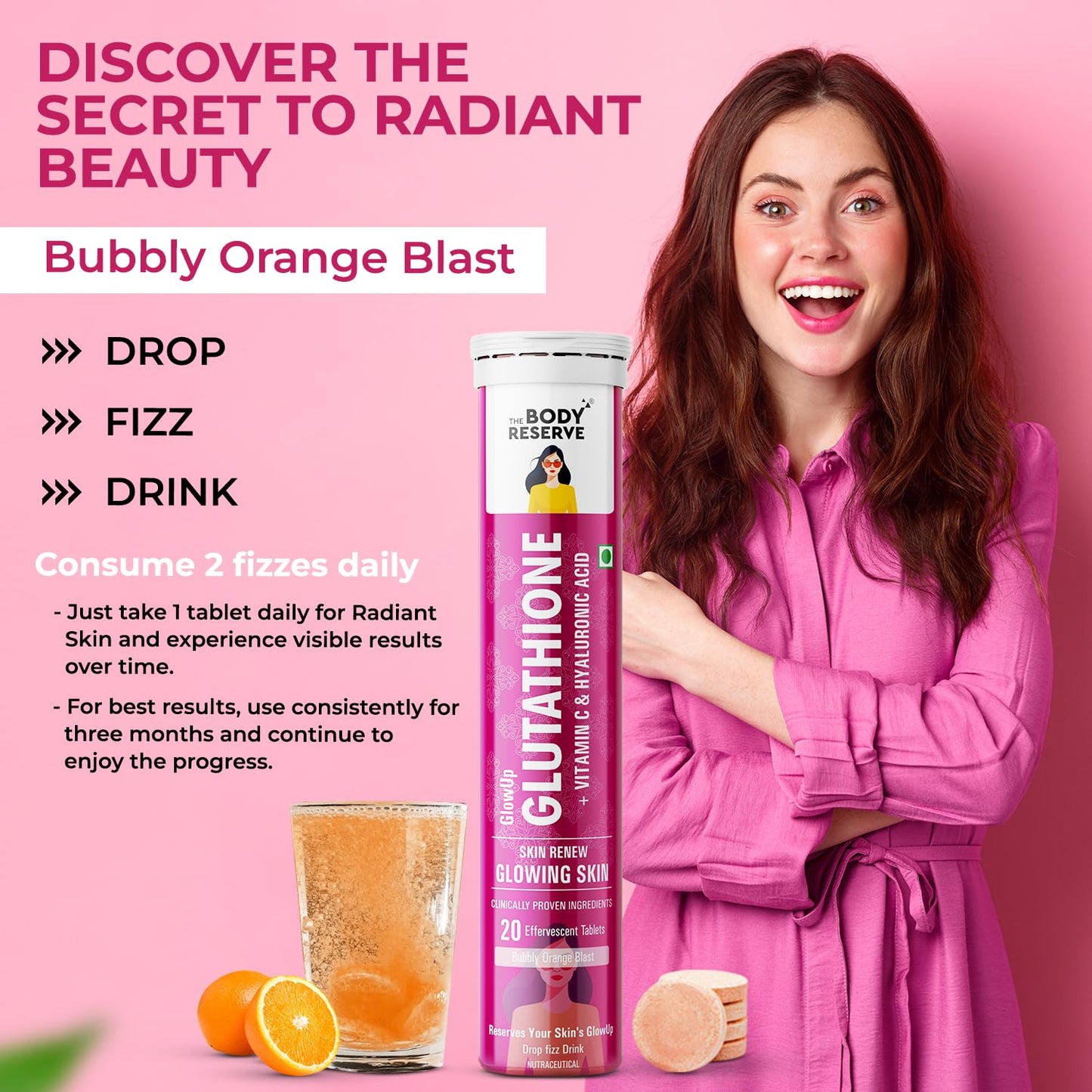 The Body Reserve Glutathione Tablets for Skin Whitening & Skin Glow, 500mg L-Glutathione with Vitamin C & Hyaluronic Acid, Antioxidant Glutathione Supplements, Orange Flavour, 20 Tablets
