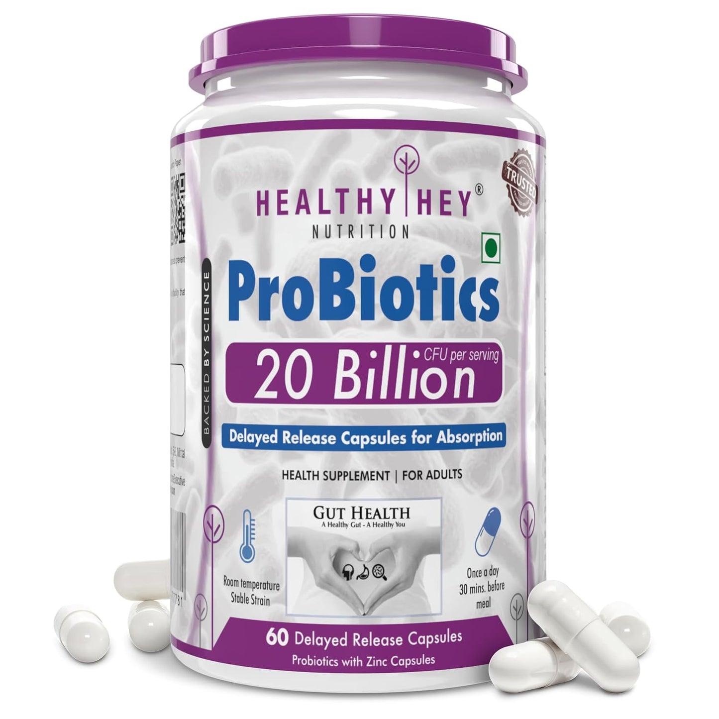 HealthyHey Nutrition Probiotic 20 Billion Cfu Supplement with Delayed - Release Capsules for Temperature Stable, Digestion, and Immune Health - (60 Capsules)