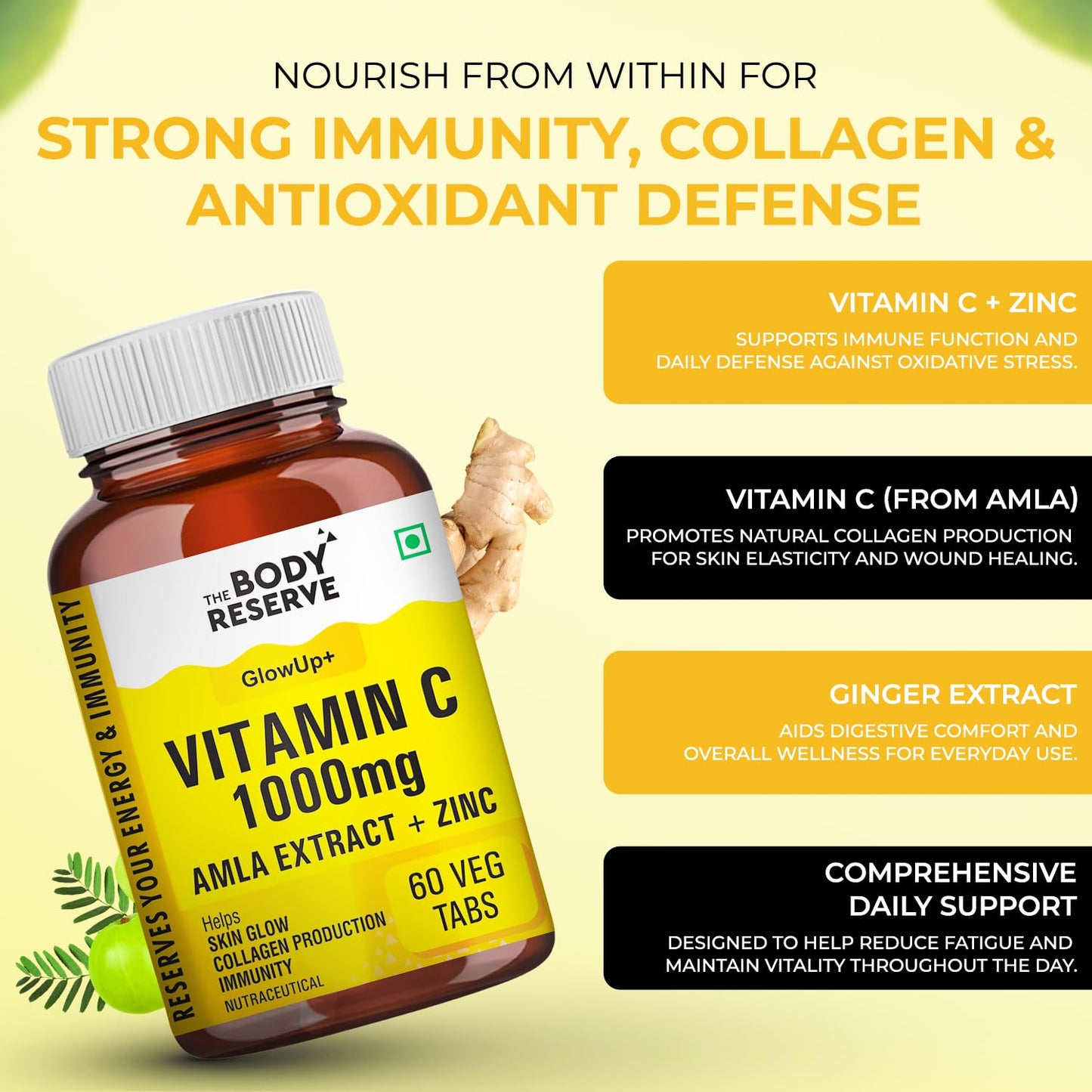 THE BODY RESERVE Vitamin C Tablets with Amla Extract, Zinc & Ginger | 60 Tablets | Daily Dietary Supplement