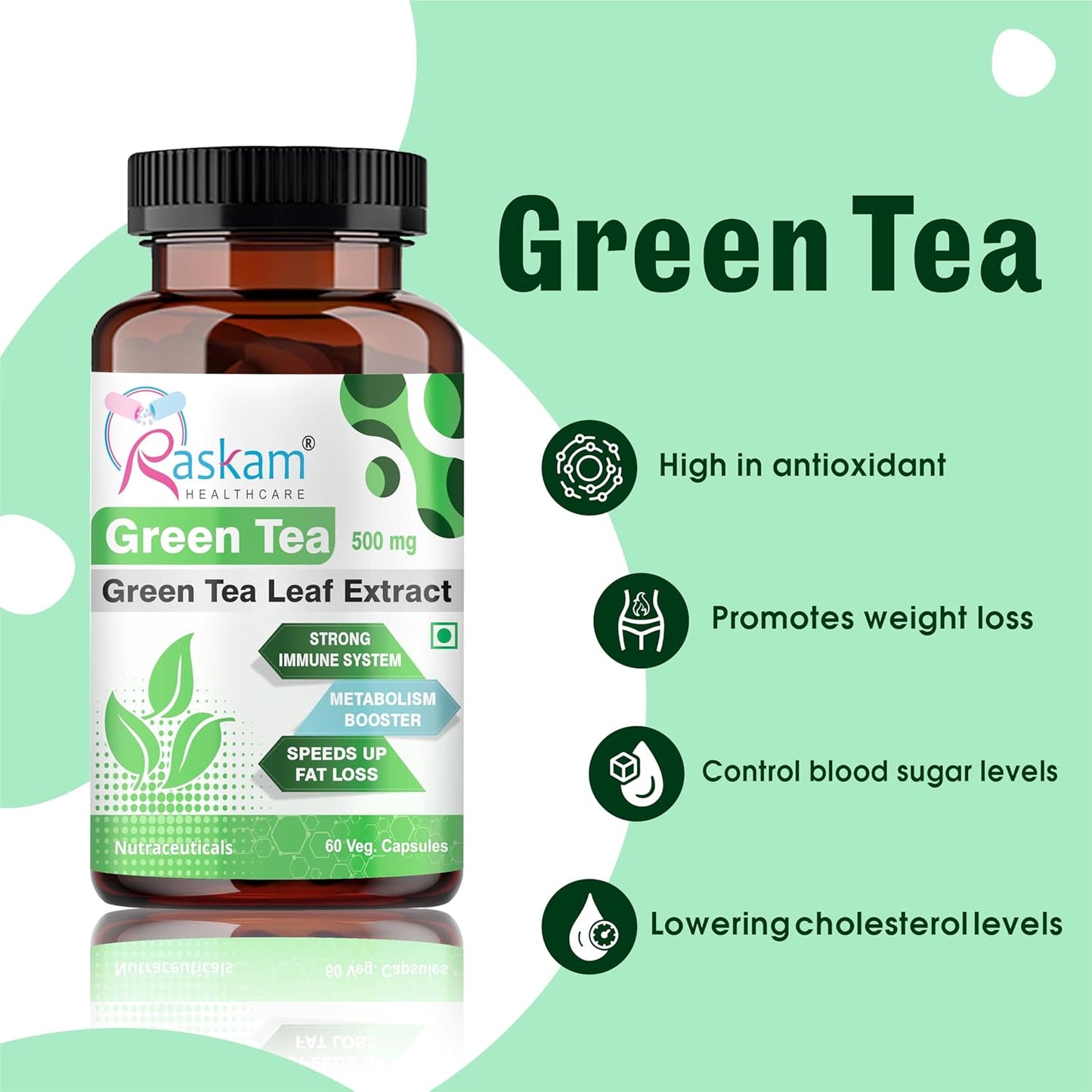 Green Tea 500 mg Leaf Extract 60 Veg Capsules, Boosts Metabolism, Helps in Fat Loss