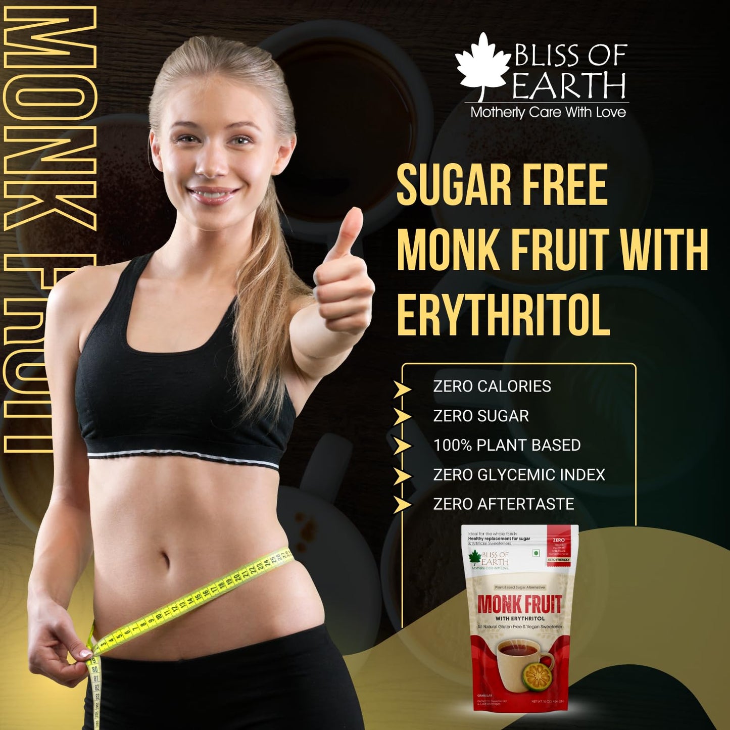 Bliss of Earth Monk Fruit Sweetener with Erythritol 1 lb (454g), 1:1 Zero Calorie Sugar Alternative, Keto Friendly, No Aftertaste, Zero Glycaemic Natural Sweetener,
