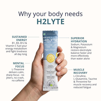 Briyo H2Lyte Low Sugar Electrolyte Drink | Hydration & Energy Booster | Magnesium, Amino Acids & Vitamins B & C | Natural Lemon Flavor