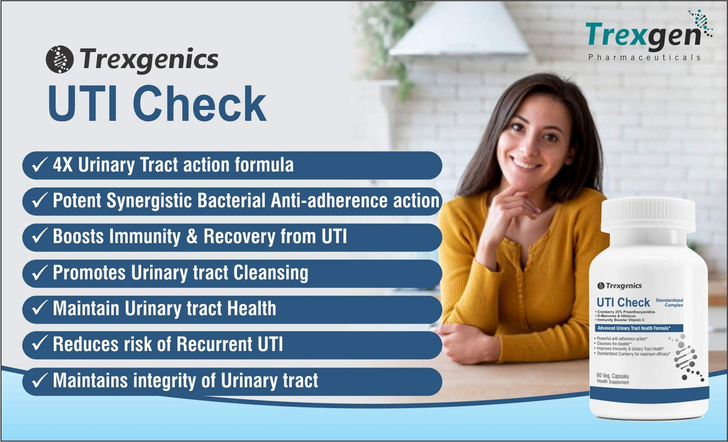 Trexgenics UTI CHECK Advanced Urinary Tract Cleanse & Function, Immunity Support with Optimized Cranberry 200mg, D-Mannose 250mg & Hibiscus 100mg & Vitamin C 40mg (60 Vcaps) (1)