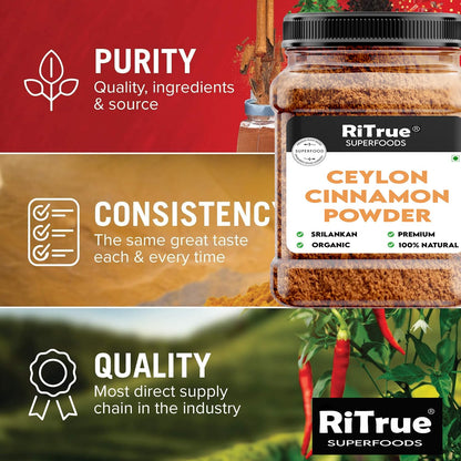 RiTrue - Ceylon Cinnamon Powder (SriLankan) - 200 Gm Cooking, Tea & Baking | Finest Organic Dalchini powder