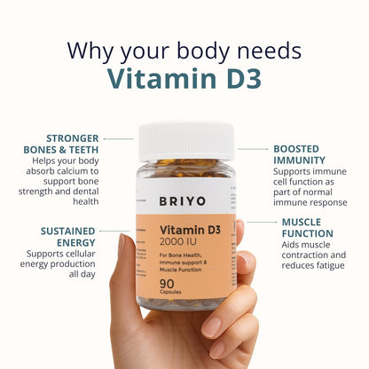 Briyo Vitamin D3 2000 IU - 90 Softgels - For Bone Health, Muscle Function and Immune Support Healthy Bone Function Strong Muscles Boost Immune System for Men/Women