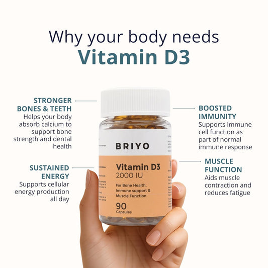 Briyo Vitamin D3 2000 IU - 90 Softgels - For Bone Health, Muscle Function and Immune Support Healthy Bone Function Strong Muscles Boost Immune System for Men/Women