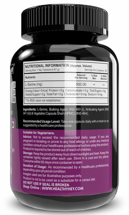 HealthyHey Sports L-Serine - 500mg/Serving - 60 Vegetable Capsules