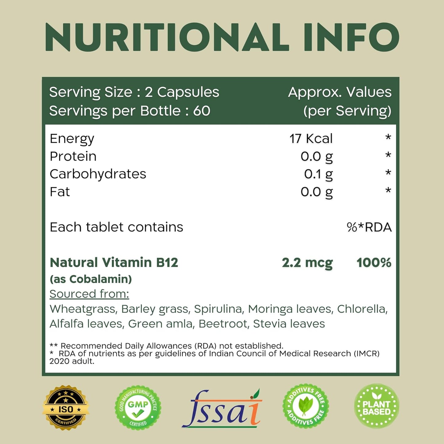 Nutrabud Organics Plant Based Vitamin B12 Supplement for Men, Women - 120 Capsules - 100% RDA of Natural B12 for High Absorption (120 Count (Pack of 1))